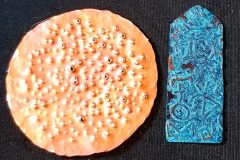 Pendant parts: textured copper and patinaed, etched copper