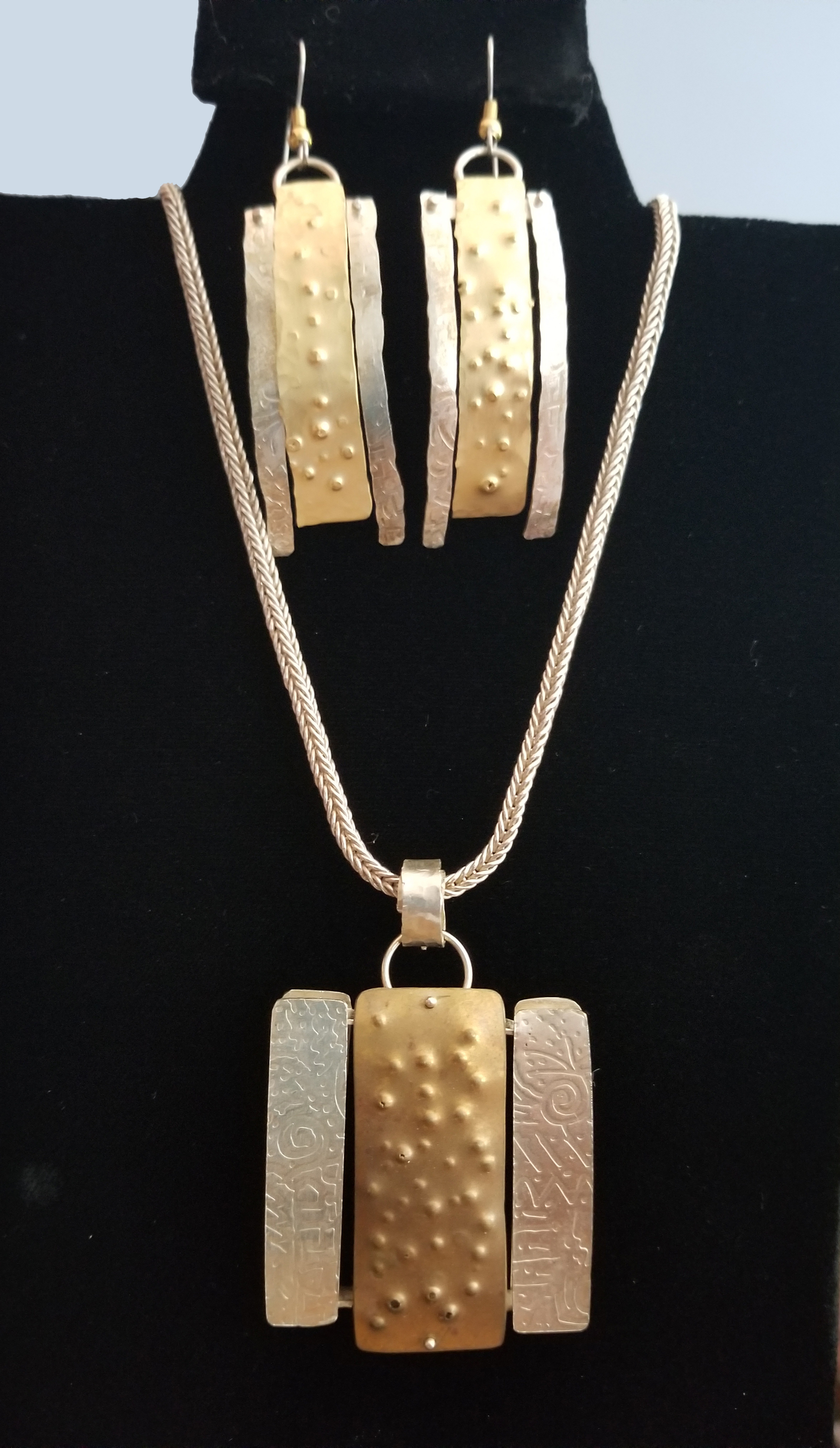 Silver and Brass Pendant and Earrings